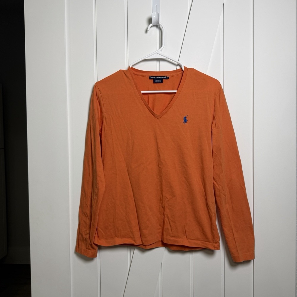 Ralph Lauren Sport Women's Long Sleeve V Neck Orange Tshirt Size Medium Cotton